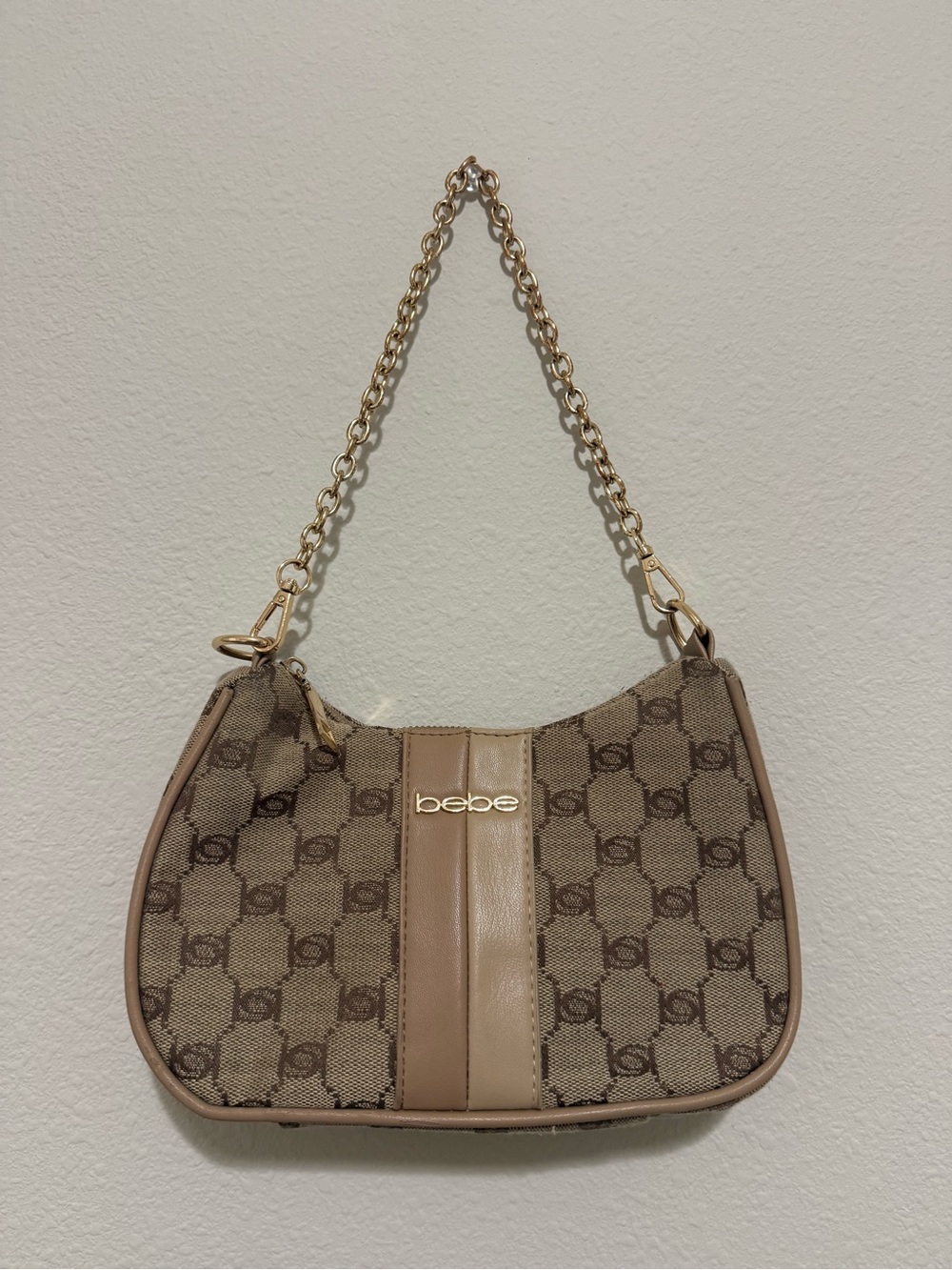 bebe Taupe Logo-Print Mini Bag with Gold Chain Strap